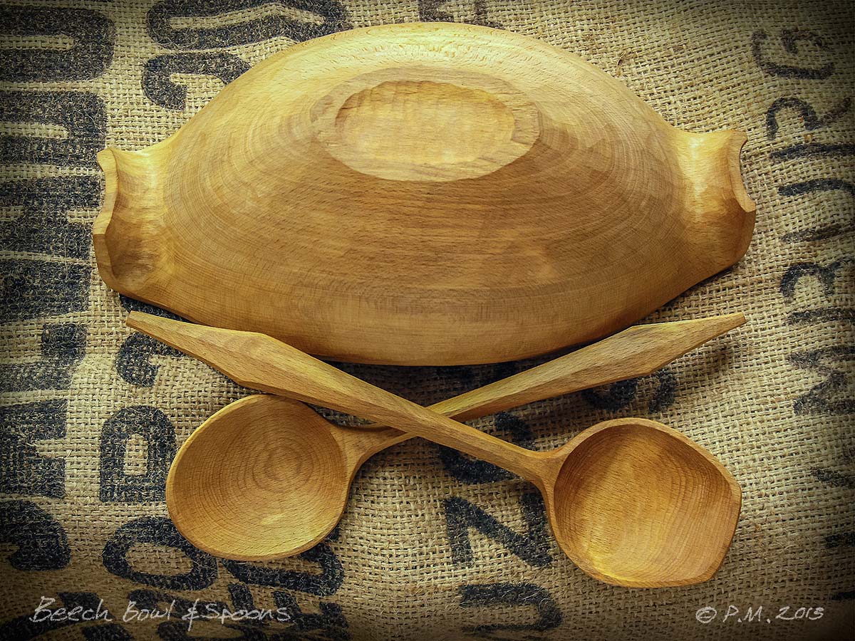 Beech Bowl & spoons underside Whittling Greenwood working hand made Treen Peter Maton Brighton 2014 whittleandstitch.net