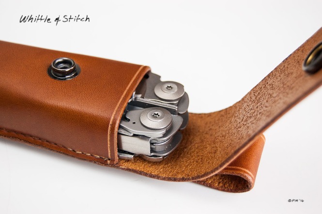 Hand stitched Leatherman Holster in saddle tan leather made by Peter Maton. Colour Landscape. © P. Maton 2014 whittleandstitch.net