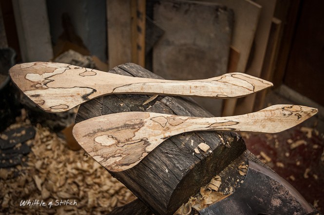 Axe wood carving, spalted Beech spoon and spatula. Hand made wood craft. Colour landscape. © P. Maton 2015 whittleandstitch.net