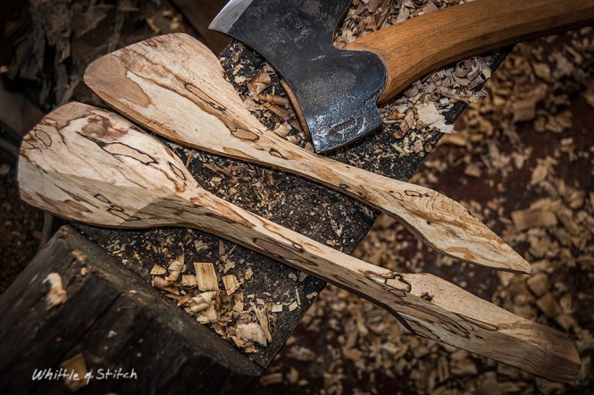 Axe wood carving, spalted Beech spoon and spatula. Hand made wood craft. Colour landscape. © P. Maton 2015 whittleandstitch.net